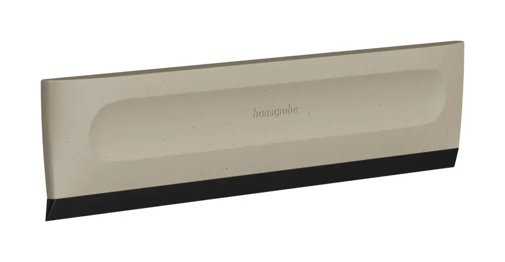 Duschabzieher von Hansgrohe in Sandfarbe, gefertigt aus recyceltem Material. Flache, breite Form mit schwarzer Gummilippe für glatte Oberflächen.